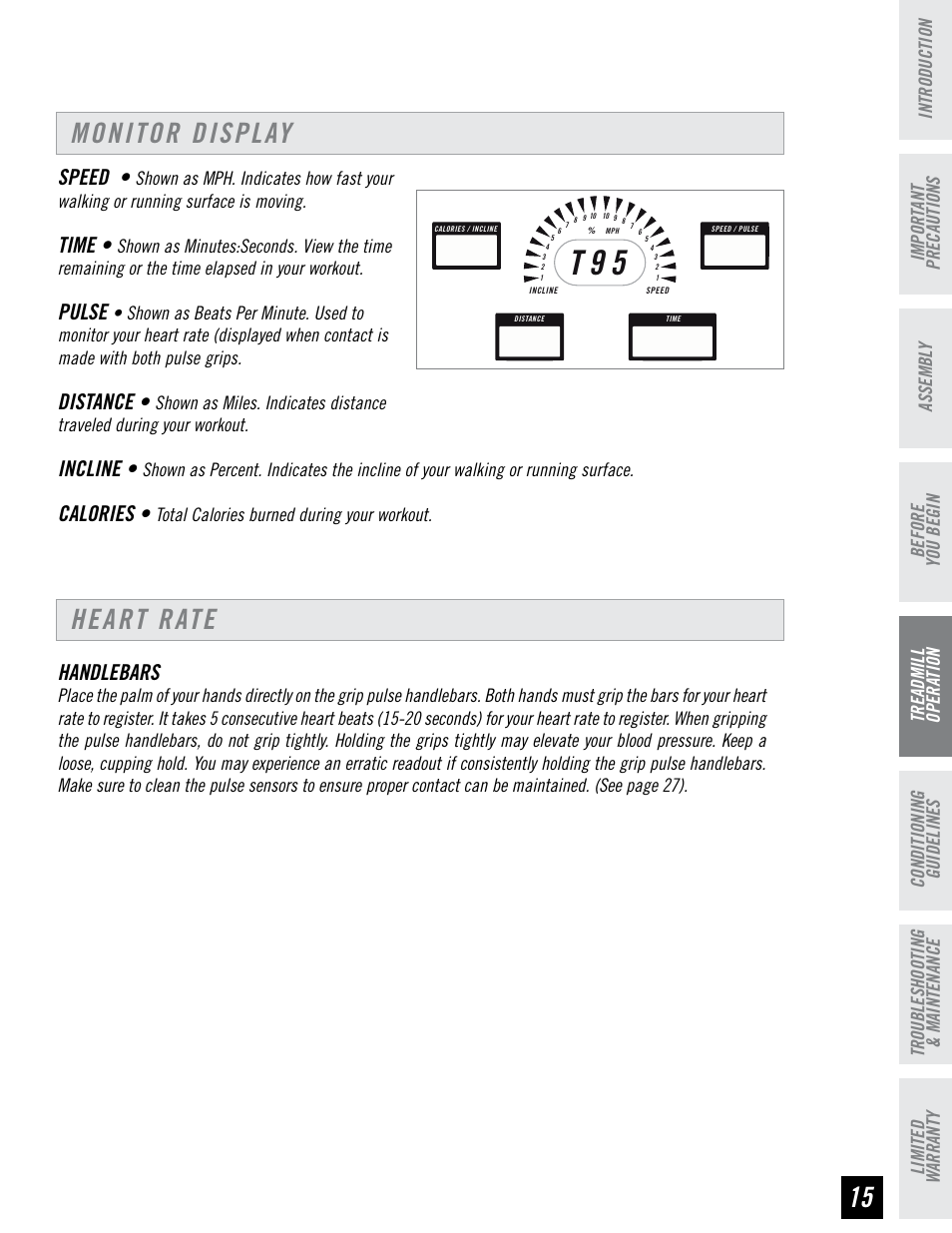 T 9 5, Monitor display heart rate, Speed | Time, Pulse, Distance, Incline, Calories, Handlebars | Horizon Fitness T95 User Manual | Page 15 / 32