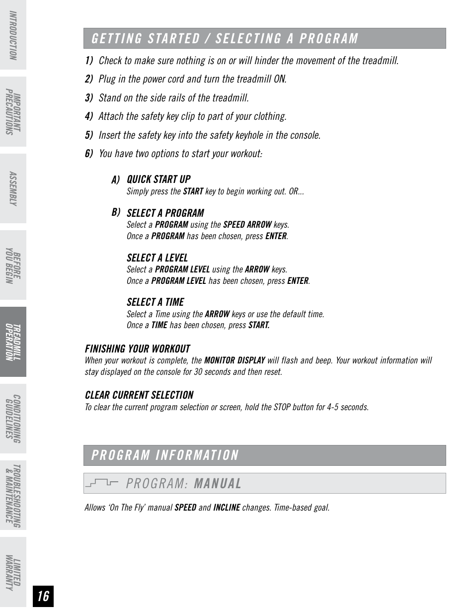 Getting started / selecting a program, Program information program: manual | Horizon Fitness T95 User Manual | Page 16 / 32
