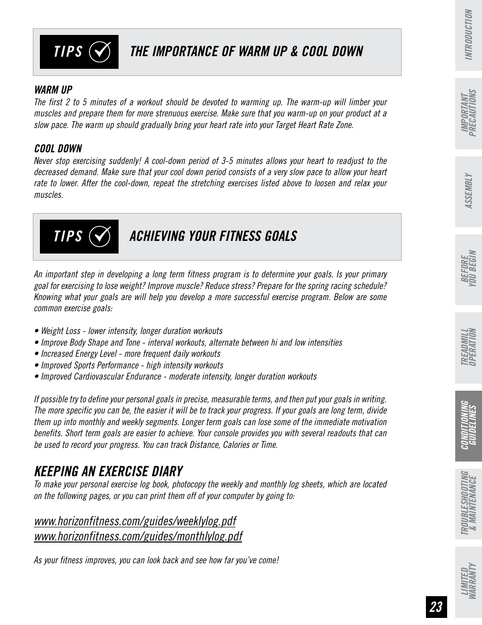 Tips, Keeping an exercise diary | Horizon Fitness T95 User Manual | Page 23 / 32