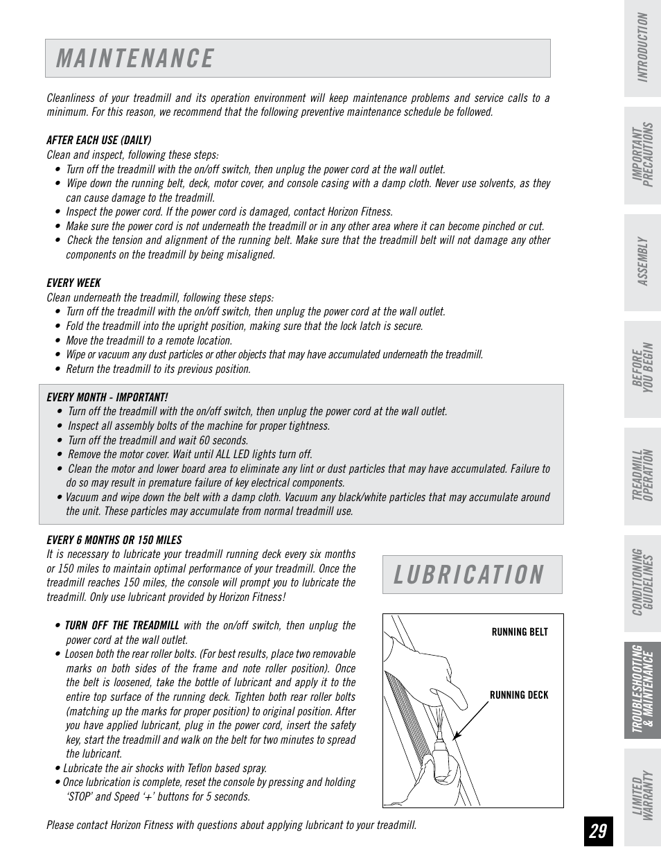 Maintenance, Lubrication | Horizon Fitness T95 User Manual | Page 29 / 32