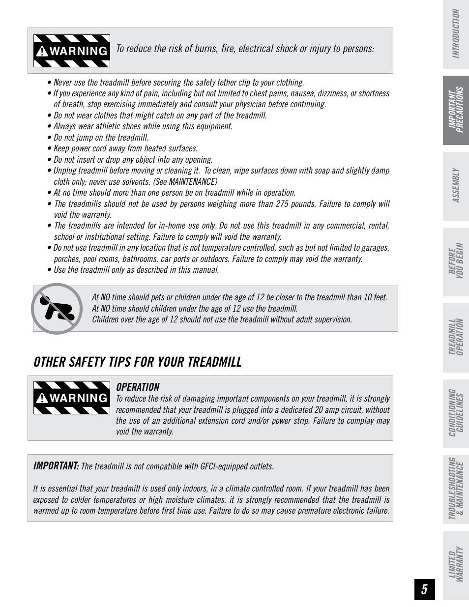 Other safety tips for your treadmill, Warning | Horizon Fitness T95 User Manual | Page 5 / 32