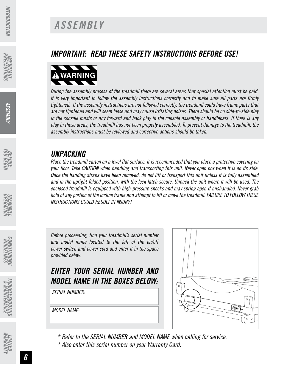Assembly, Unpacking | Horizon Fitness T95 User Manual | Page 6 / 32