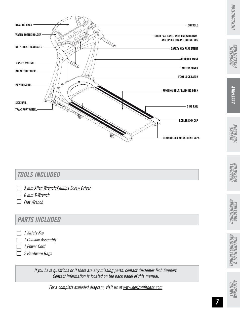 Tools included, Parts included | Horizon Fitness T95 User Manual | Page 7 / 32