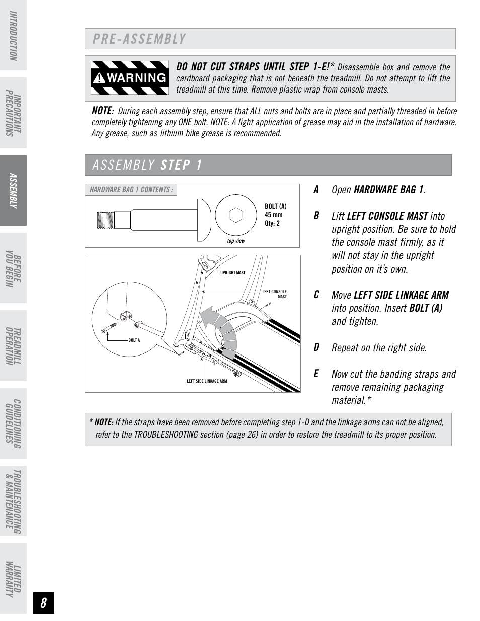 Pre-assembly, Assembly step 1, Warning | Horizon Fitness T95 User Manual | Page 8 / 32