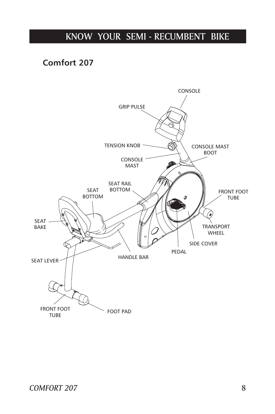 Know your semi - recumbent bike | Horizon Fitness SEMI-RECUMBENT 207 User Manual | Page 9 / 52