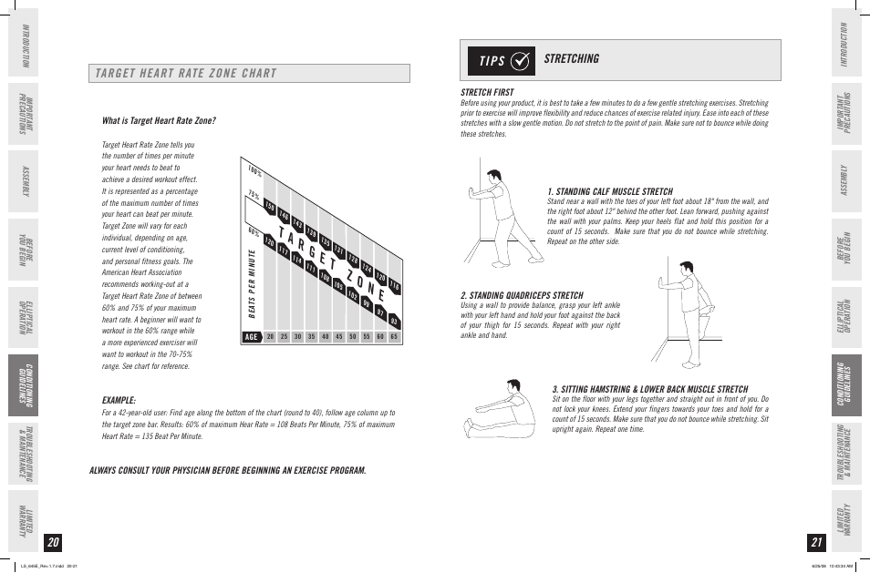 Tips, Target heart rate zone chart, Stretching | Horizon Fitness LS 645E User Manual | Page 11 / 17
