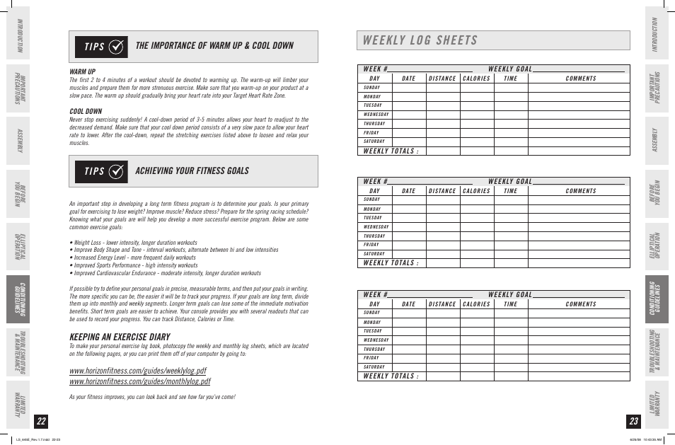 Weekly log sheets, Tips, Keeping an exercise diary | Horizon Fitness LS 645E User Manual | Page 12 / 17
