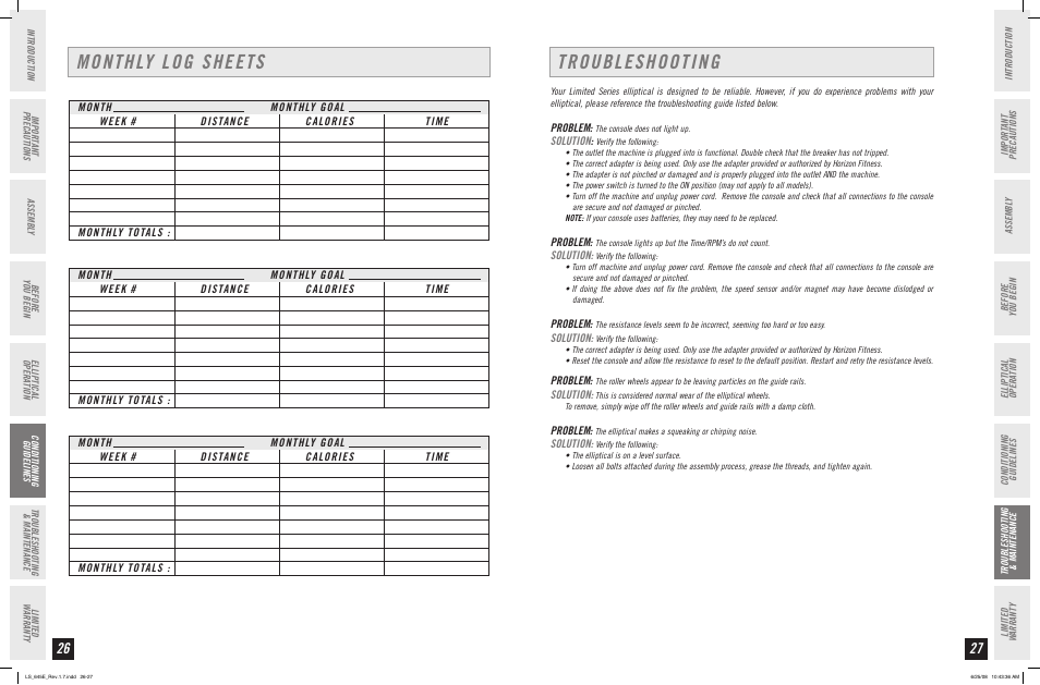 Troubleshooting, Monthly log sheets | Horizon Fitness LS 645E User Manual | Page 14 / 17