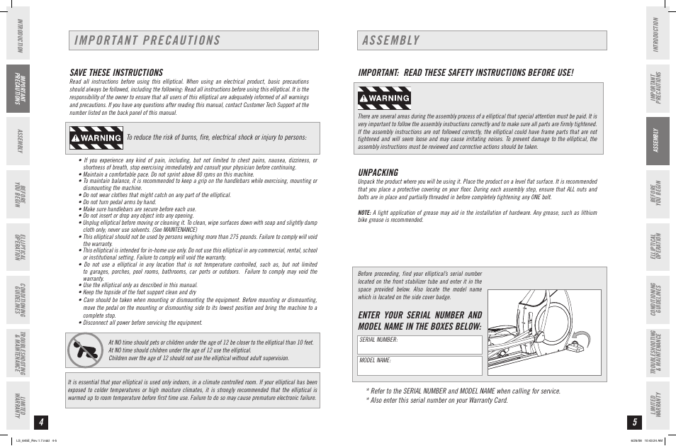 Important precautions, Assembly, Save these instructions | Unpacking | Horizon Fitness LS 645E User Manual | Page 3 / 17