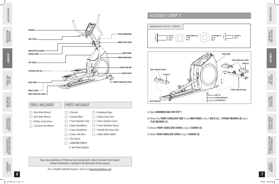 Assembly step 1, Tools included parts included | Horizon Fitness LS 645E User Manual | Page 4 / 17