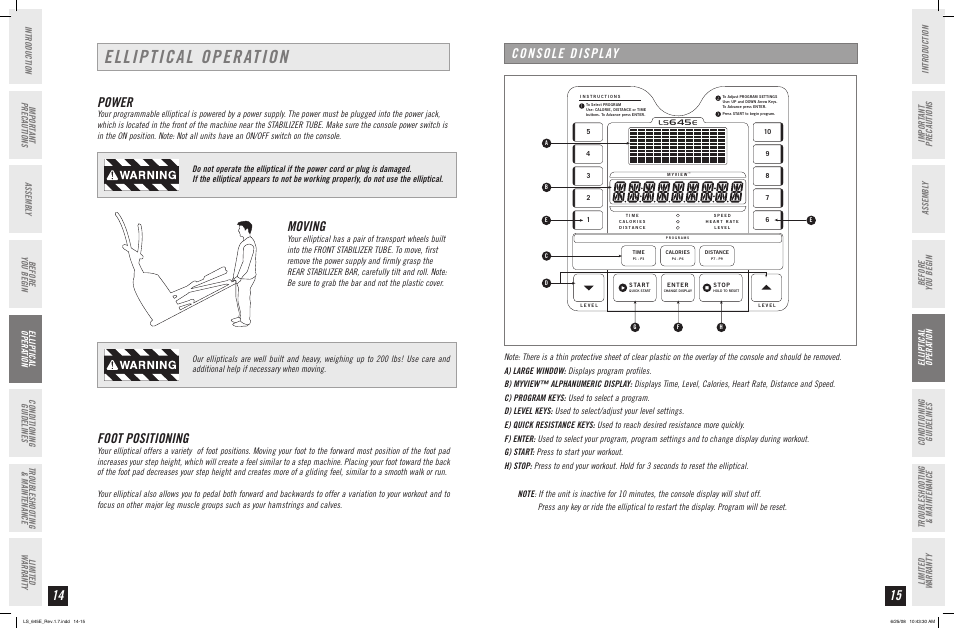 Elliptical operation, Power, Moving | Foot positioning, Console display | Horizon Fitness LS 645E User Manual | Page 8 / 17