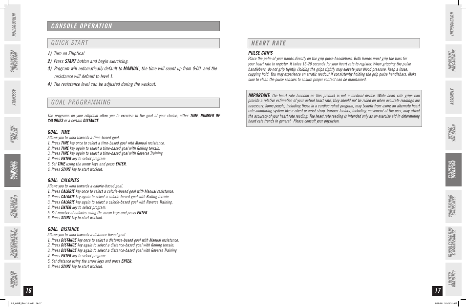 Console operation, Quick start, Heart rate | Goal programming | Horizon Fitness LS 645E User Manual | Page 9 / 17