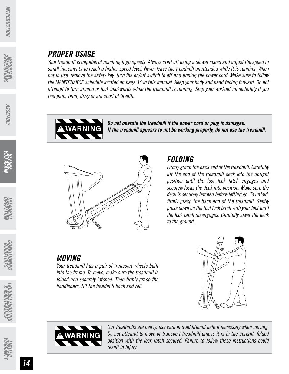 Proper usage, Folding, Moving | Warning | Horizon Fitness HZ SERIES T71 User Manual | Page 14 / 36