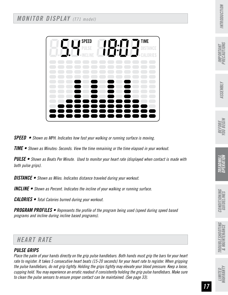 Monitor display, Heart rate | Horizon Fitness HZ SERIES T71 User Manual | Page 17 / 36