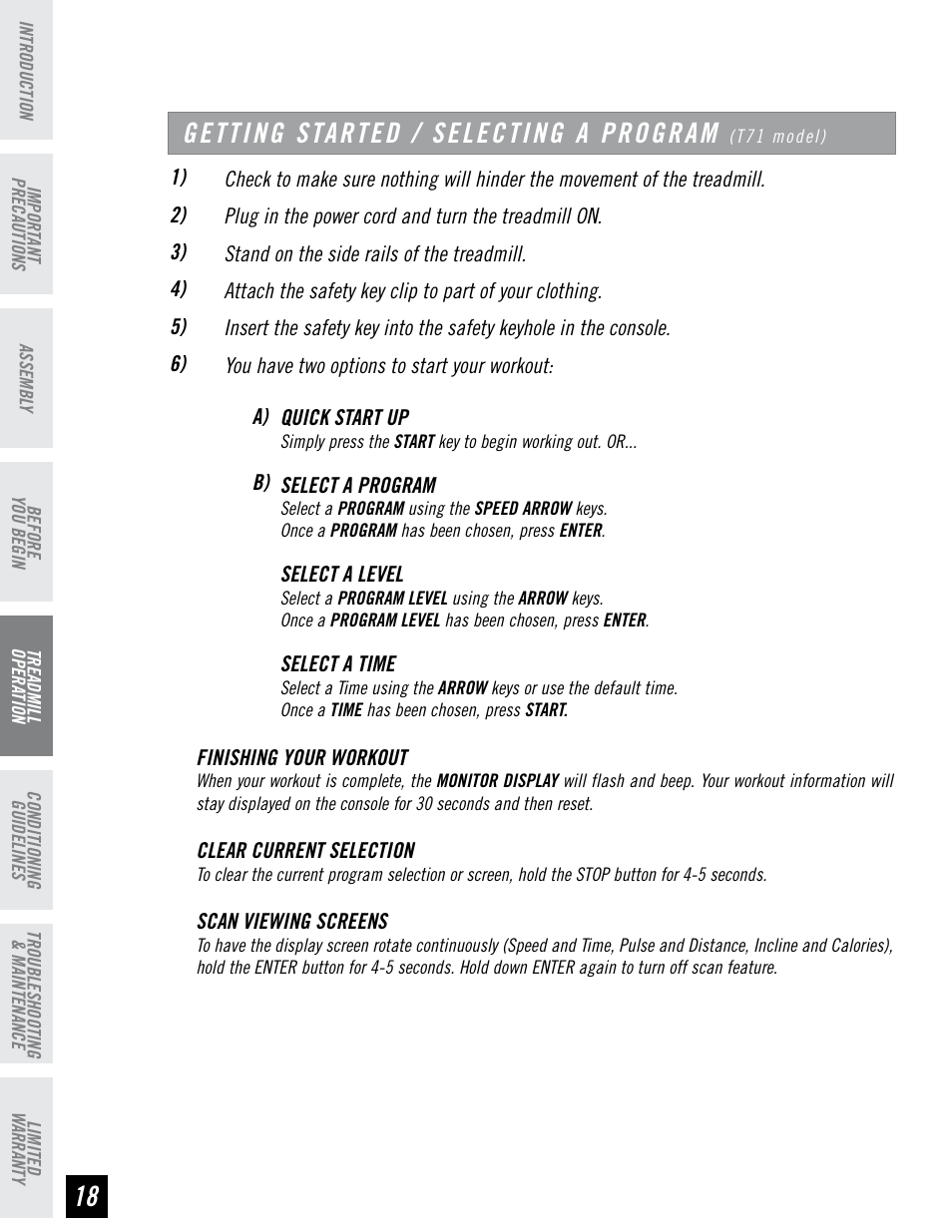 Getting started / selecting a program | Horizon Fitness HZ SERIES T71 User Manual | Page 18 / 36