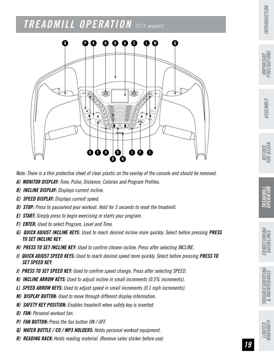 Treadmill operation, T72 model) | Horizon Fitness HZ SERIES T71 User Manual | Page 19 / 36