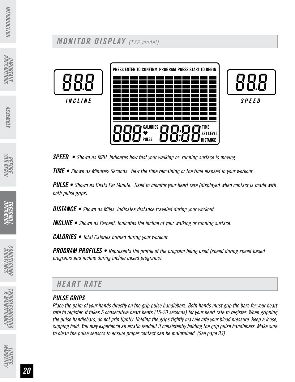 Monitor display, Heart rate | Horizon Fitness HZ SERIES T71 User Manual | Page 20 / 36