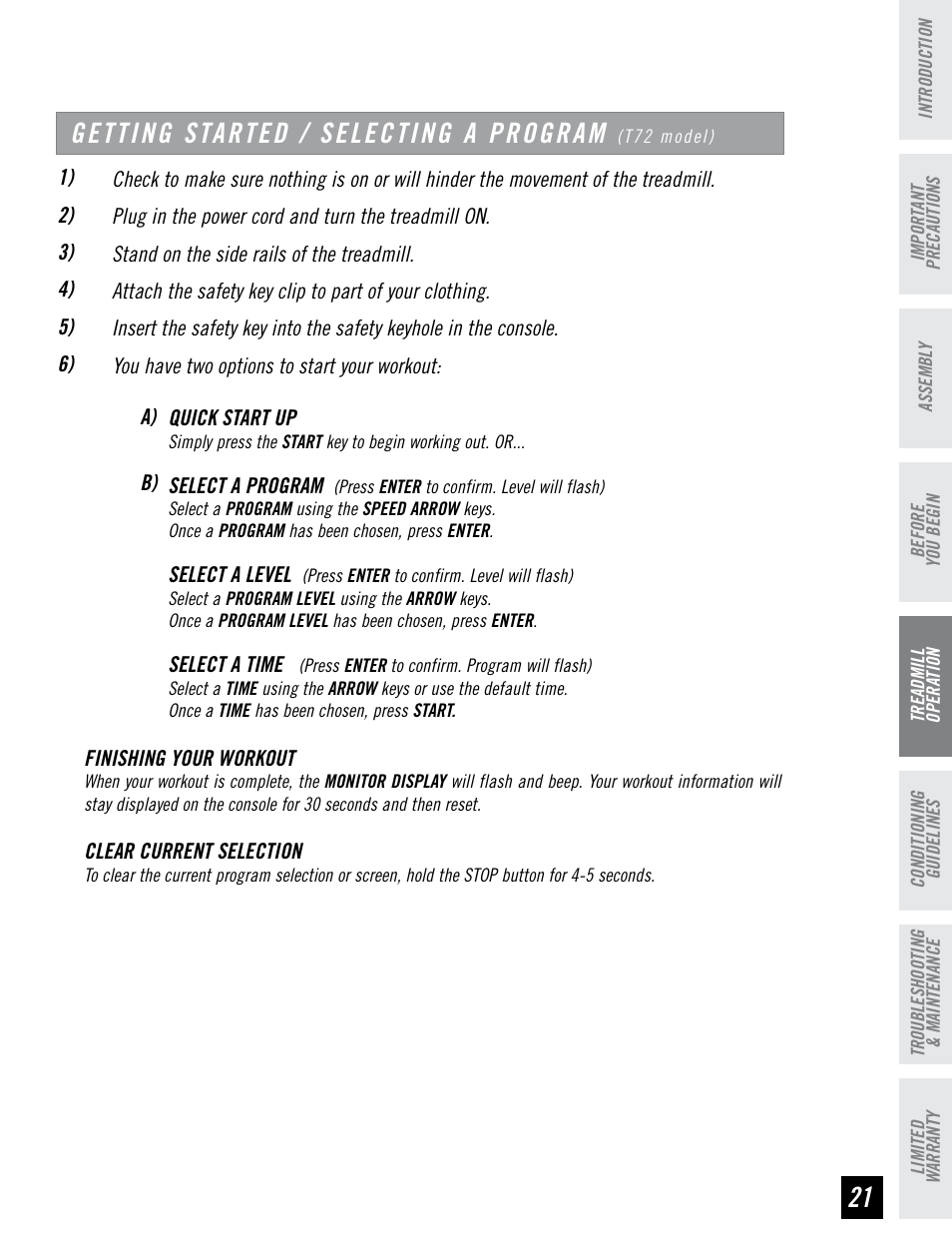 Getting started / selecting a program | Horizon Fitness HZ SERIES T71 User Manual | Page 21 / 36