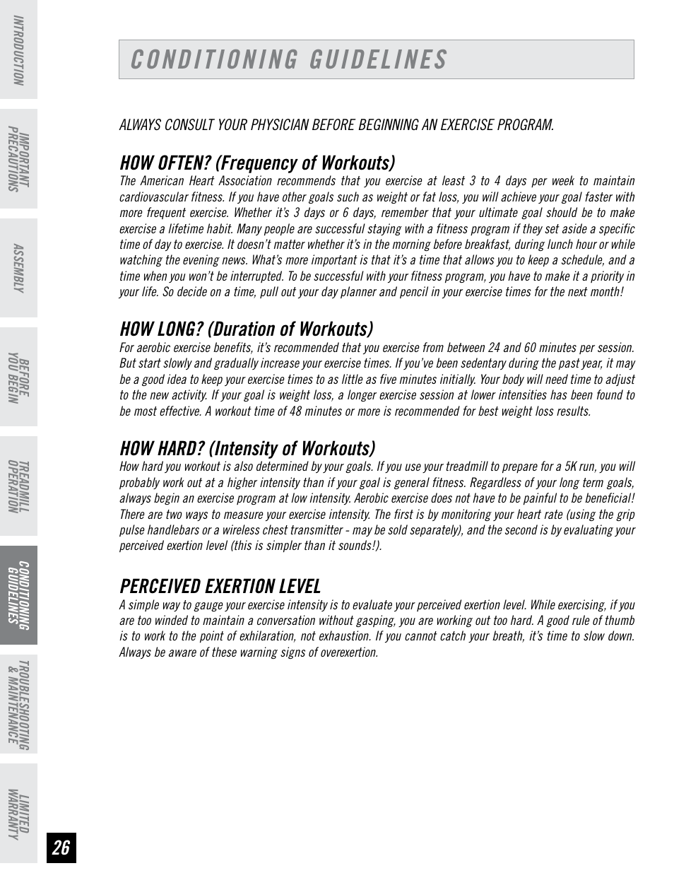 Conditioning guidelines, How often? (frequency of workouts), How long? (duration of workouts) | How hard? (intensity of workouts), Perceived exertion level | Horizon Fitness HZ SERIES T71 User Manual | Page 26 / 36