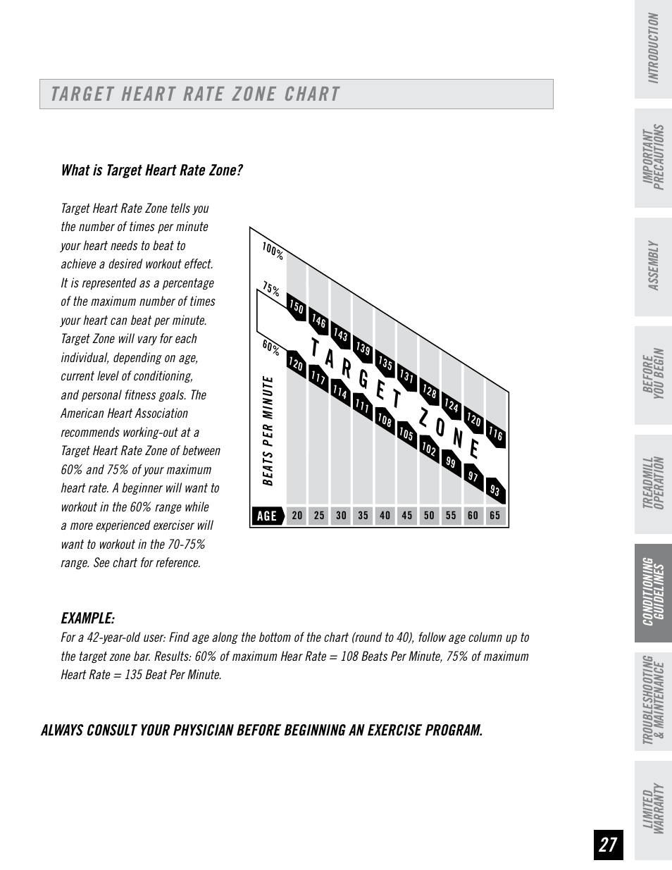 Target heart rate zone chart | Horizon Fitness HZ SERIES T71 User Manual | Page 27 / 36