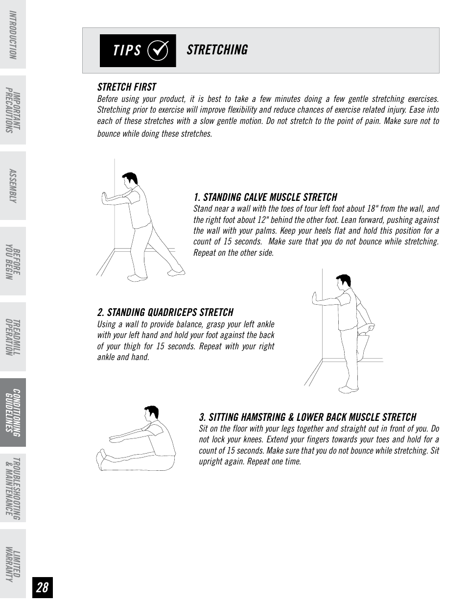 Tips, Stretching | Horizon Fitness HZ SERIES T71 User Manual | Page 28 / 36