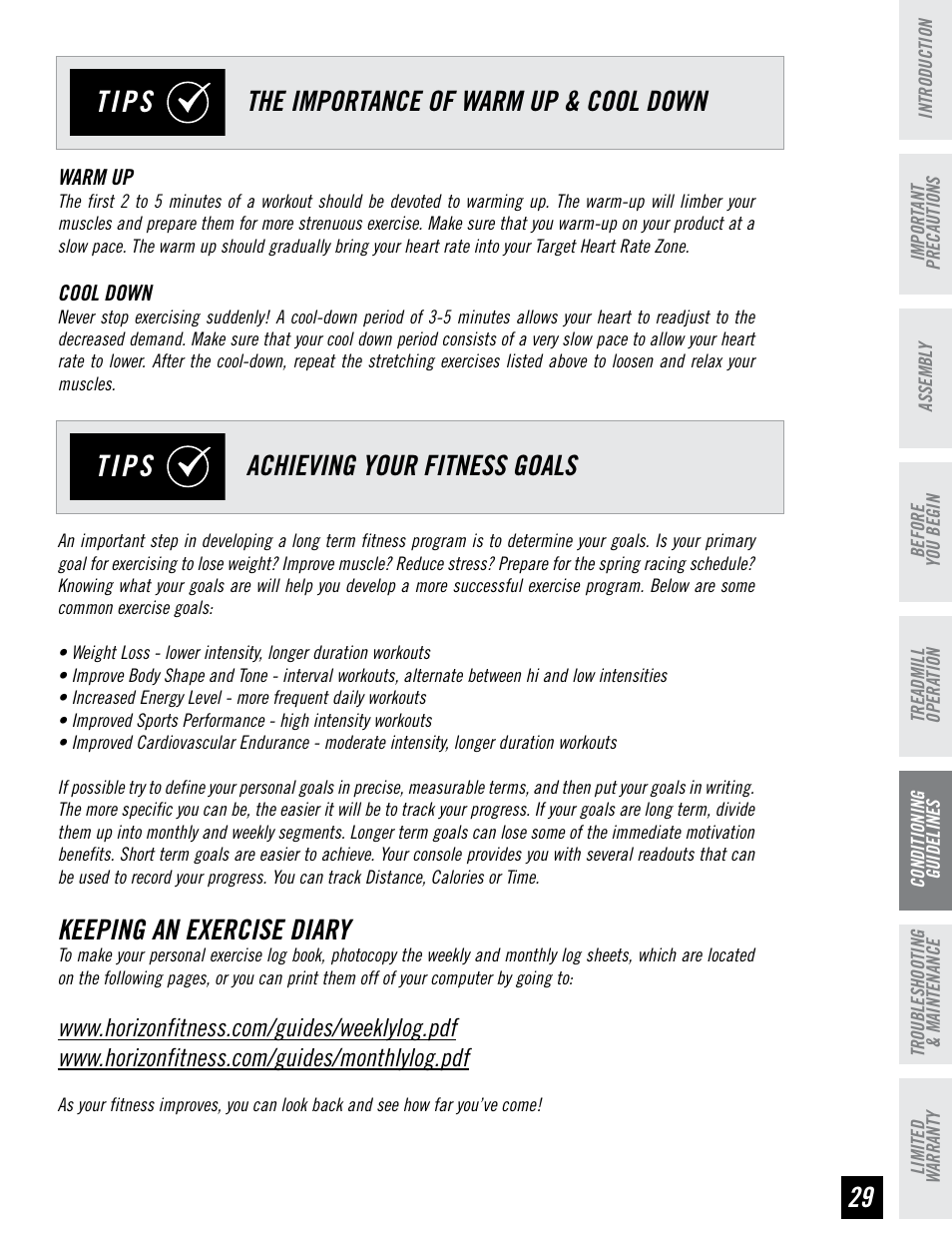 Tips, Keeping an exercise diary | Horizon Fitness HZ SERIES T71 User Manual | Page 29 / 36