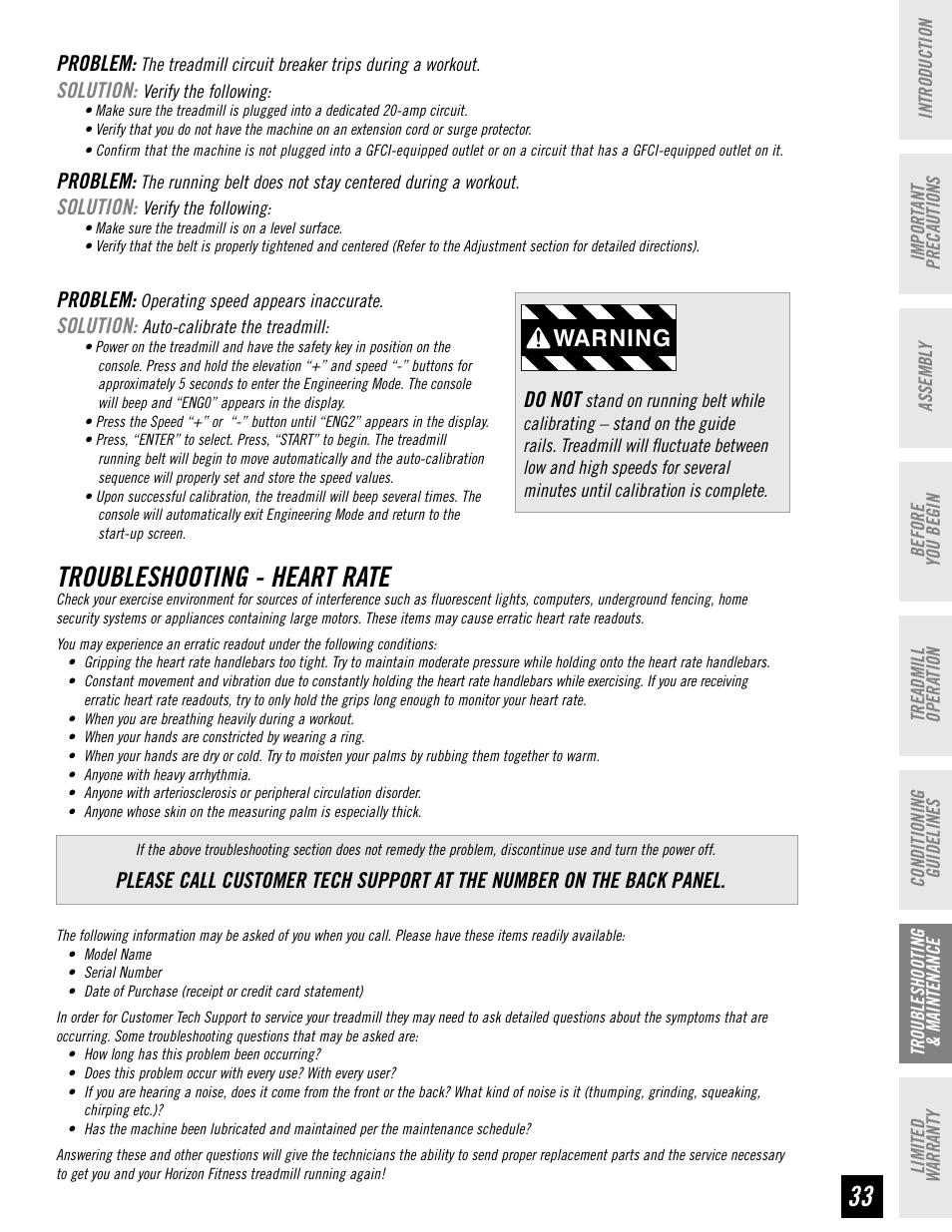 Troubleshooting - heart rate, Warning, Problem | Solution, Do not | Horizon Fitness HZ SERIES T71 User Manual | Page 33 / 36