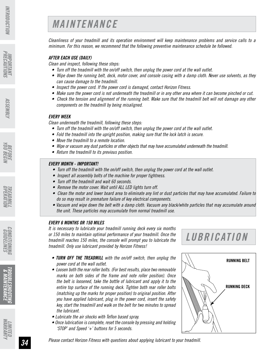 Maintenance, Lubrication | Horizon Fitness HZ SERIES T71 User Manual | Page 34 / 36