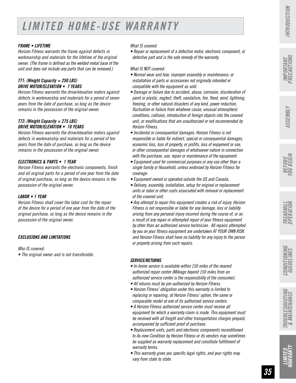 Limited home-use warranty | Horizon Fitness HZ SERIES T71 User Manual | Page 35 / 36