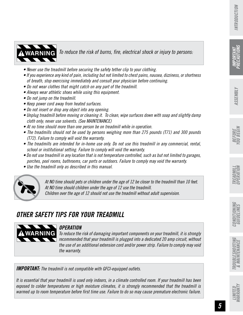 Other safety tips for your treadmill, Warning | Horizon Fitness HZ SERIES T71 User Manual | Page 5 / 36