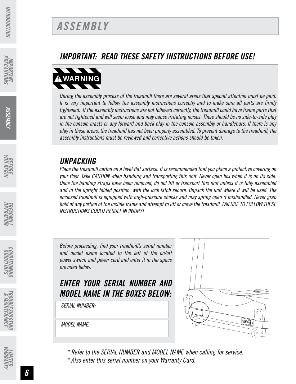 Assembly, Unpacking | Horizon Fitness HZ SERIES T71 User Manual | Page 6 / 36