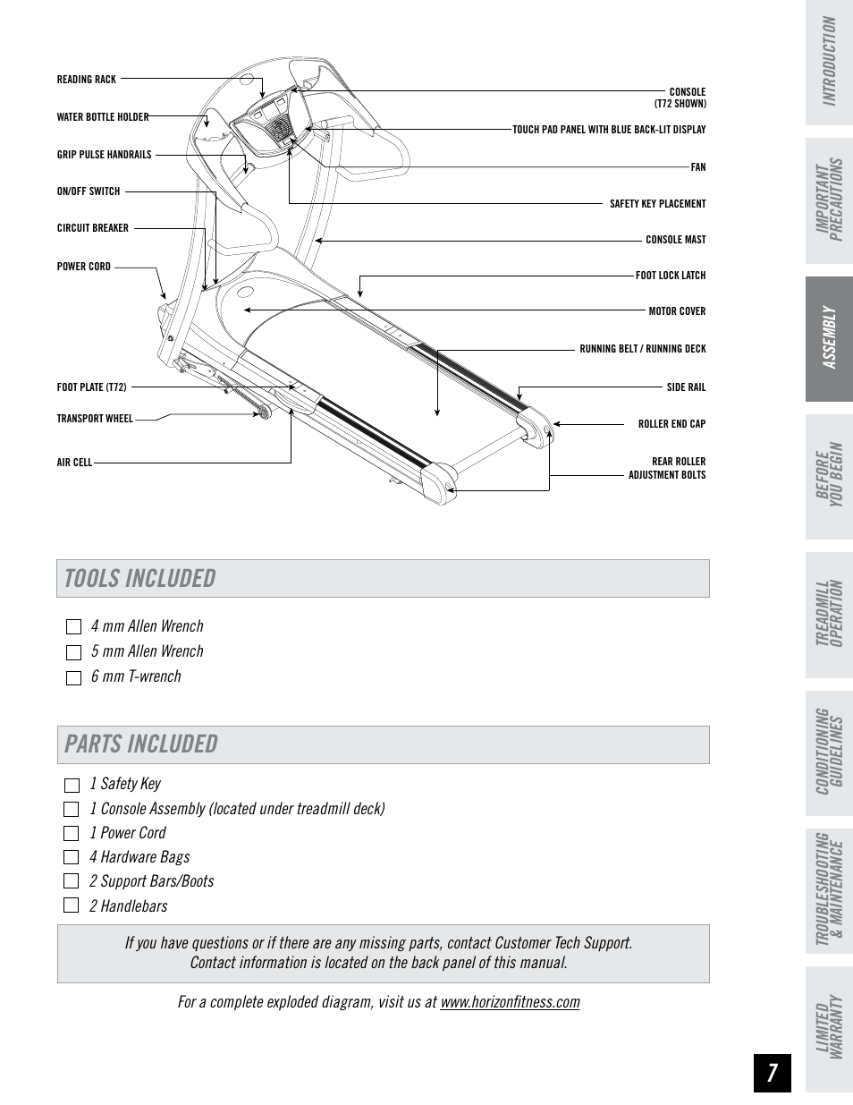 Tools included parts included | Horizon Fitness HZ SERIES T71 User Manual | Page 7 / 36