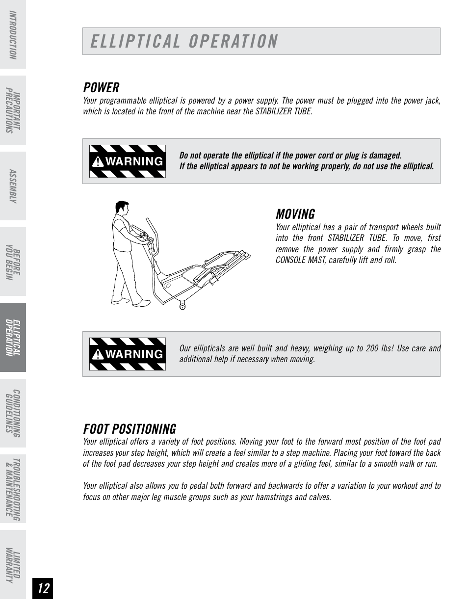 Elliptical operation, Power, Moving | Foot positioning | Horizon Fitness HZ SERIES E95 User Manual | Page 12 / 28