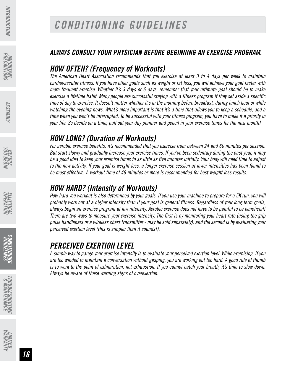 Conditioning guidelines, How often? (frequency of workouts), How long? (duration of workouts) | How hard? (intensity of workouts), Perceived exertion level | Horizon Fitness HZ SERIES E95 User Manual | Page 16 / 28