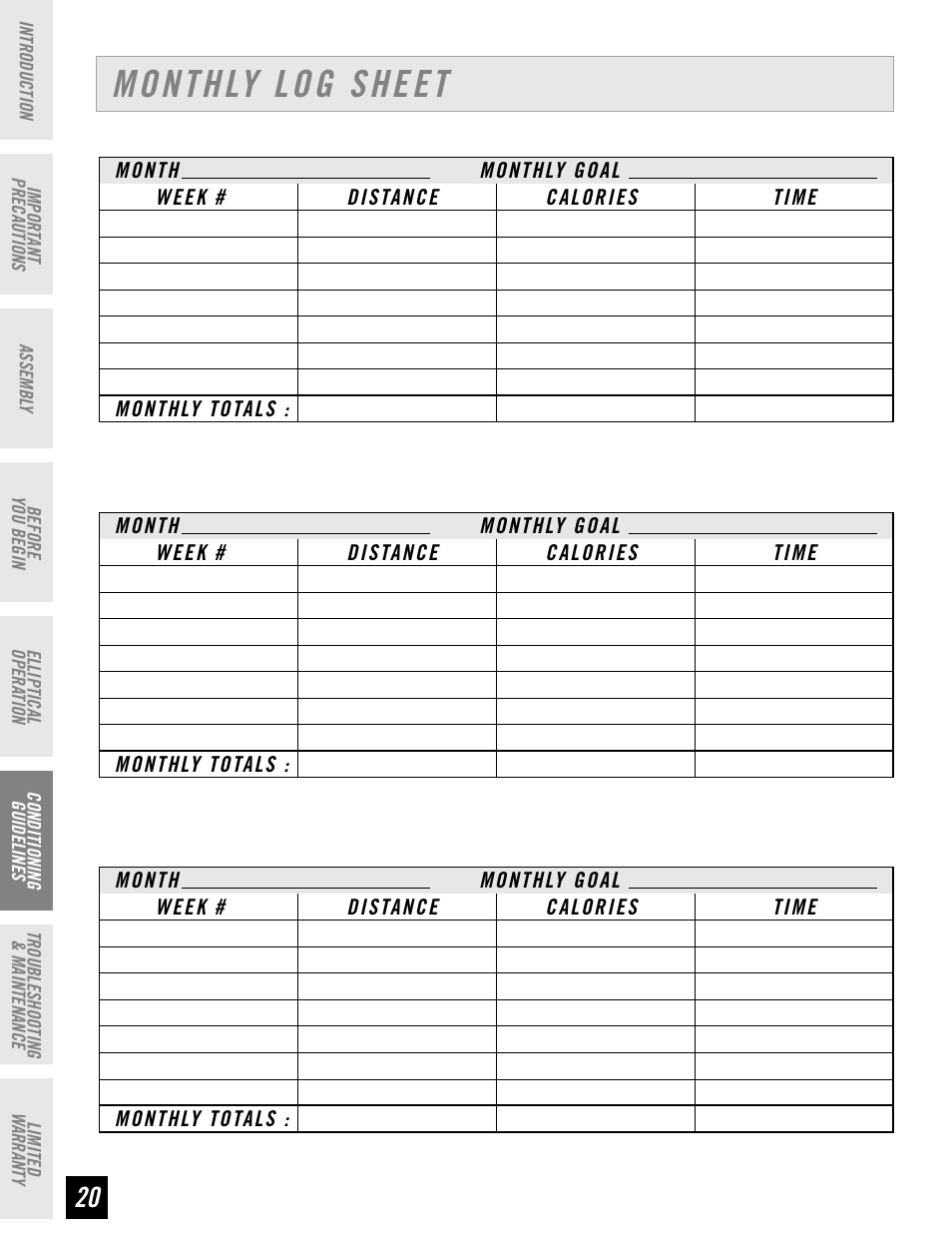 Monthly log sheet | Horizon Fitness HZ SERIES E95 User Manual | Page 20 / 28