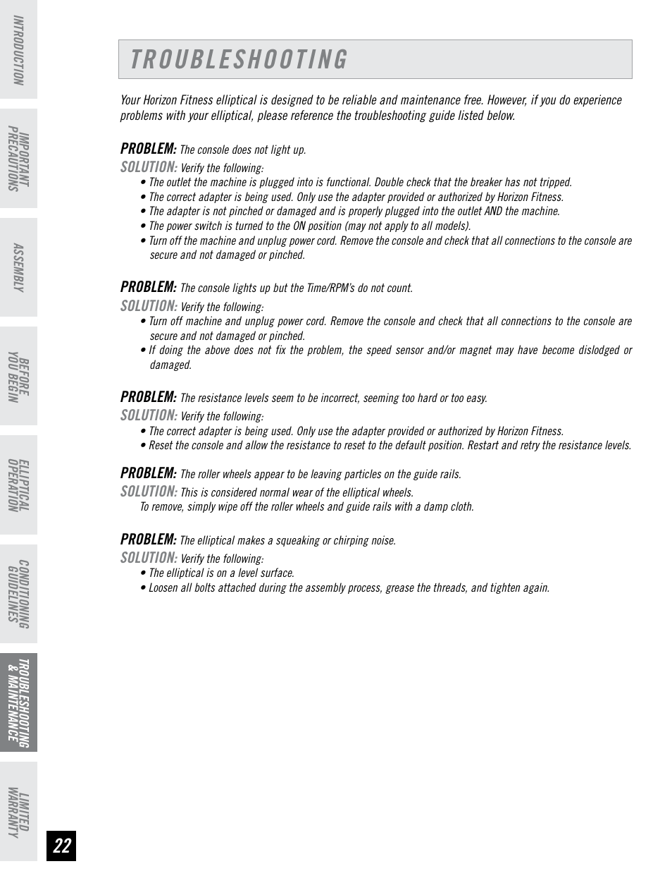 Troubleshooting | Horizon Fitness HZ SERIES E95 User Manual | Page 22 / 28