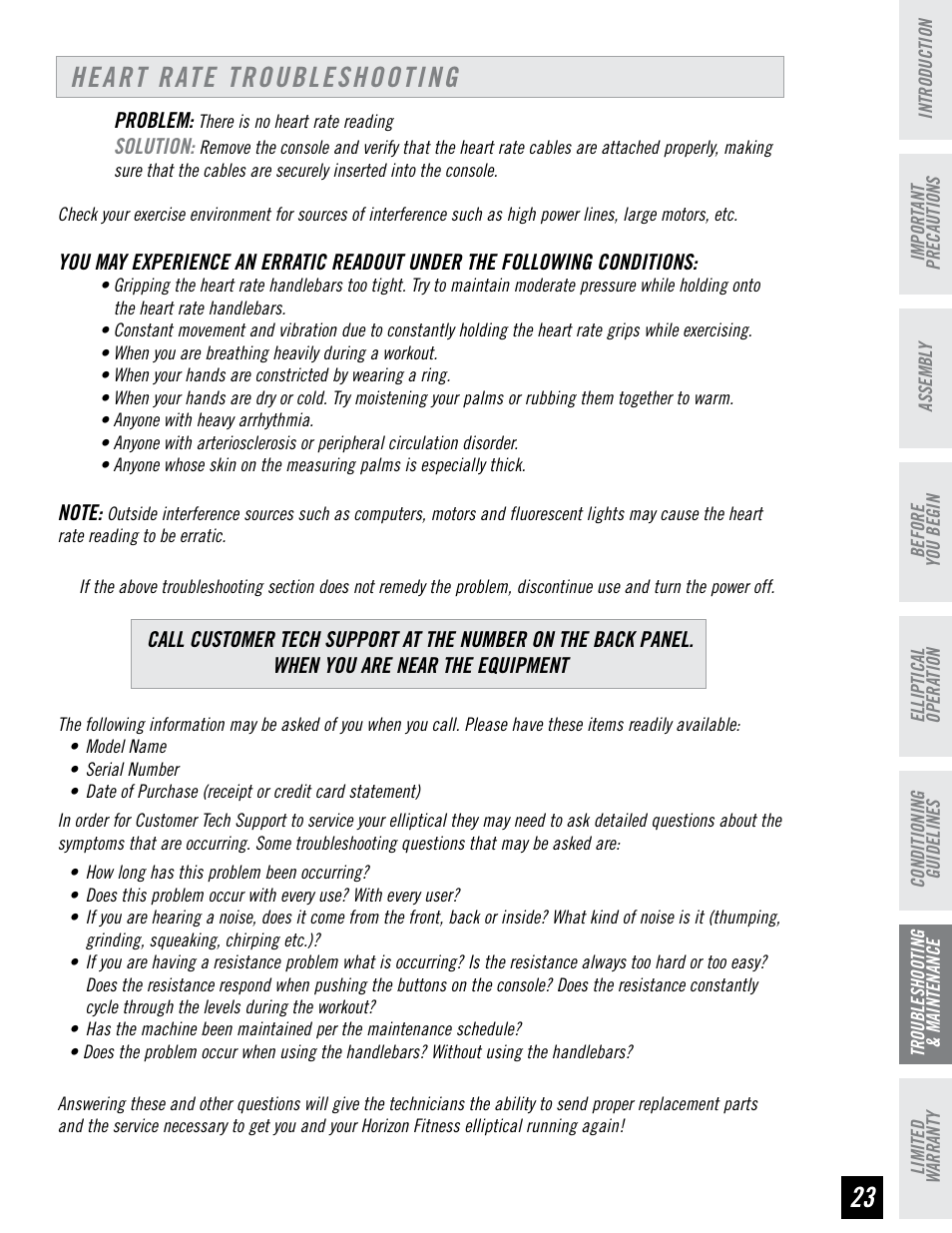 Heart rate troubleshooting | Horizon Fitness HZ SERIES E95 User Manual | Page 23 / 28