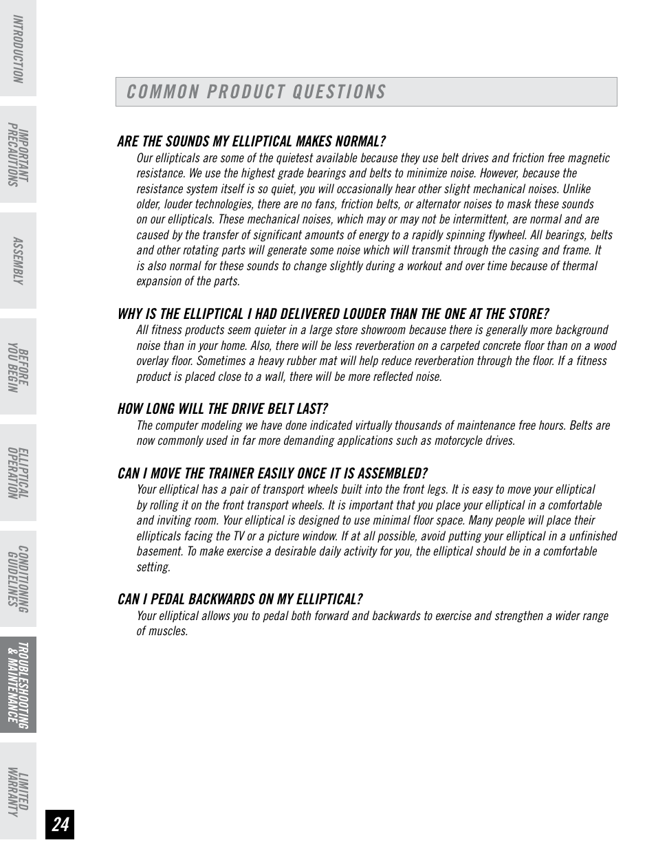 Common product questions | Horizon Fitness HZ SERIES E95 User Manual | Page 24 / 28