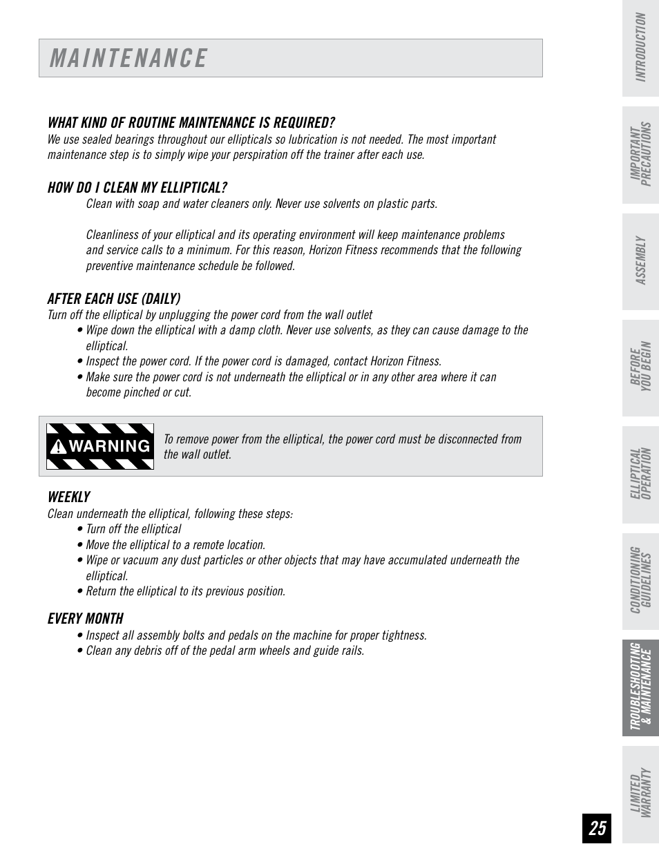 Maintenance, Warning | Horizon Fitness HZ SERIES E95 User Manual | Page 25 / 28