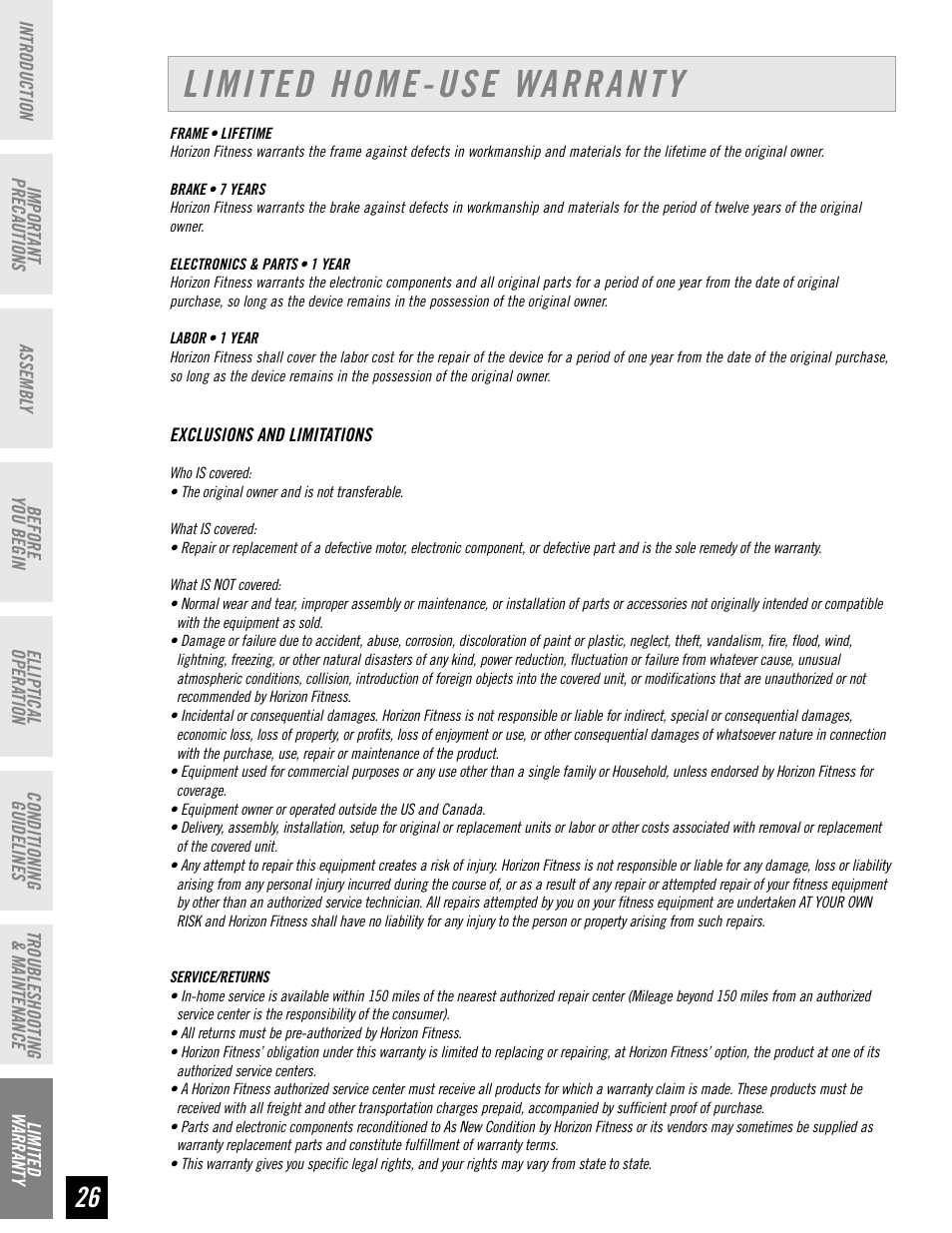 Limited home-use warranty | Horizon Fitness HZ SERIES E95 User Manual | Page 26 / 28