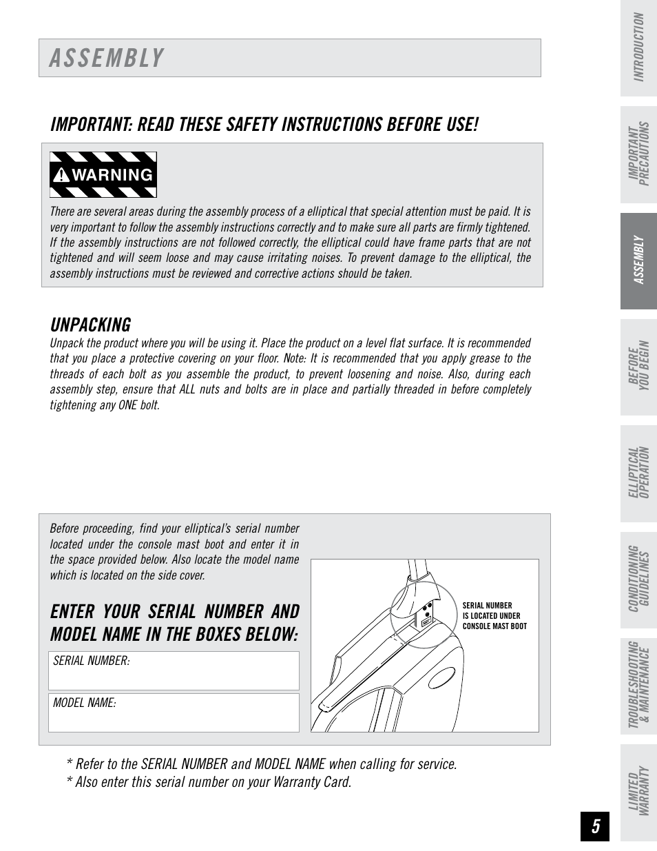 Assembly, Unpacking | Horizon Fitness HZ SERIES E95 User Manual | Page 5 / 28