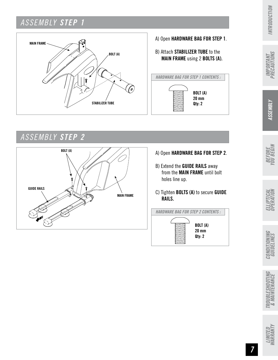 Assembly step, Assembly step 2 | Horizon Fitness HZ SERIES E95 User Manual | Page 7 / 28