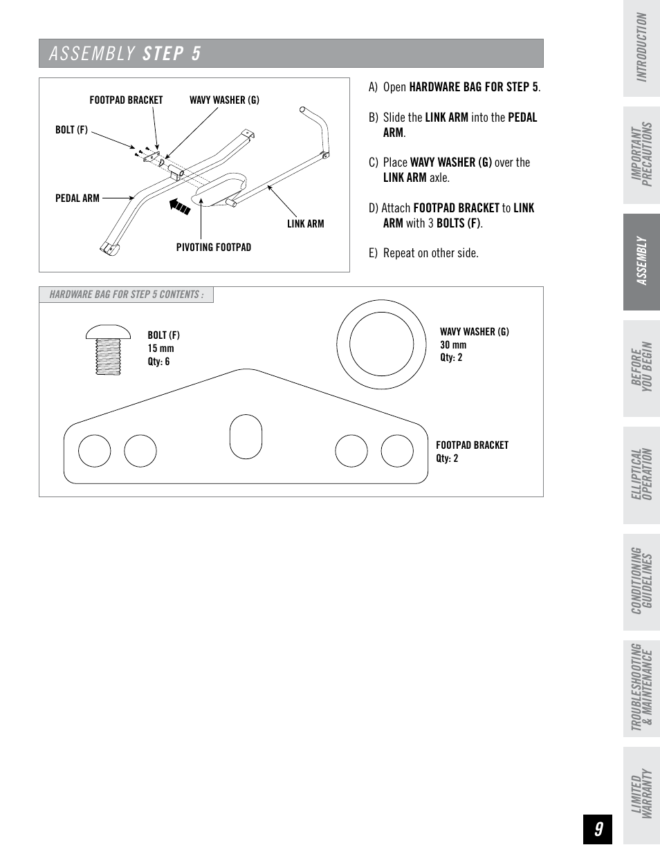 Assembly step 5 | Horizon Fitness HZ SERIES E95 User Manual | Page 9 / 28