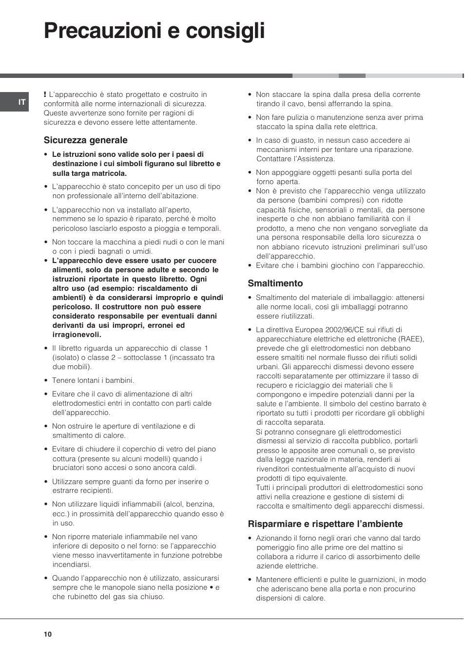 Precauzioni e consigli | Indesit K 1G2 User Manual | Page 10 / 56