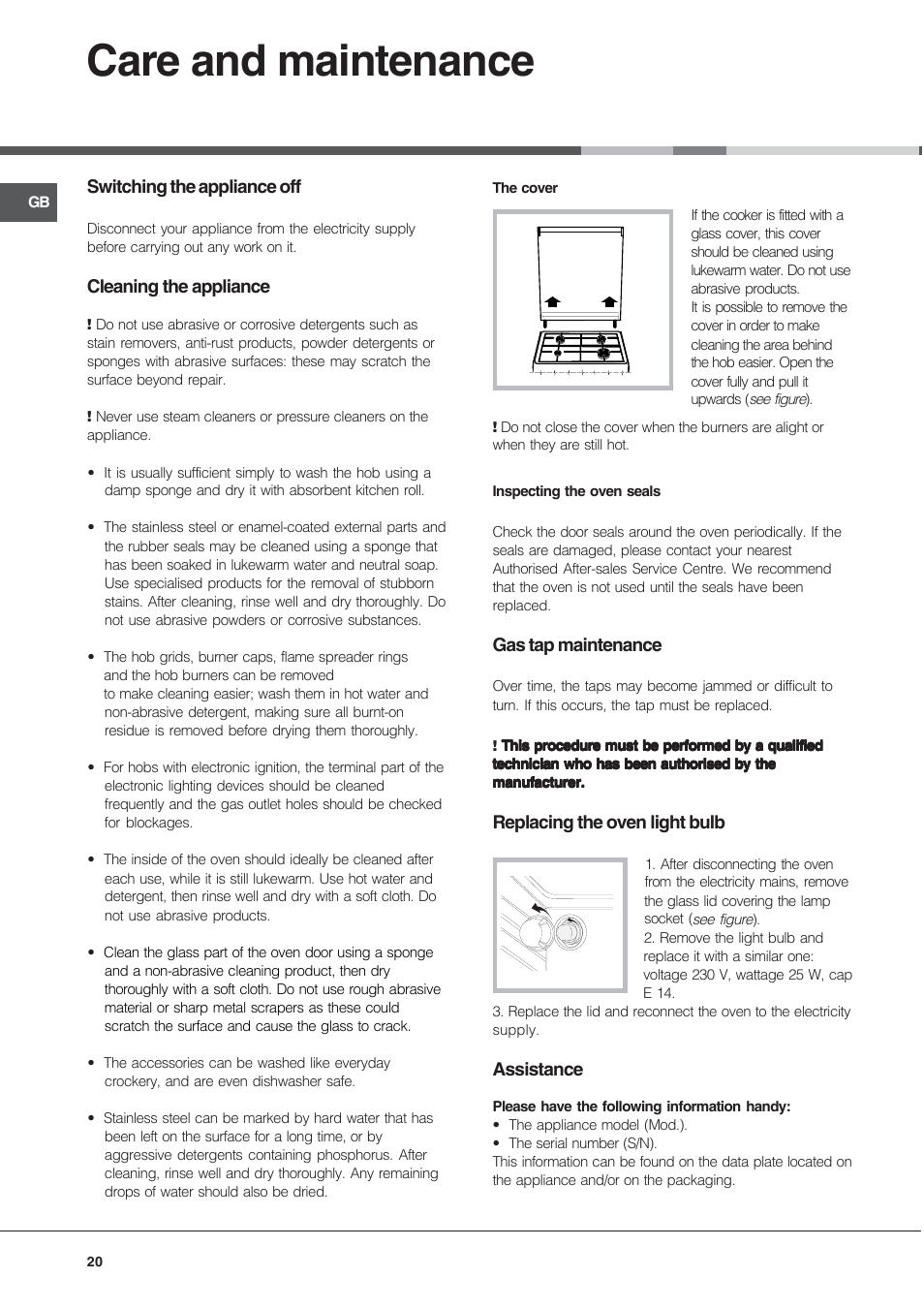 Care and maintenance | Indesit K 1G2 User Manual | Page 20 / 56