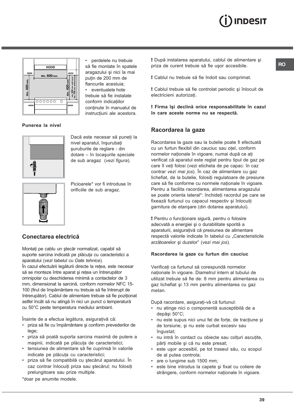 Conectarea electrică, Racordarea la gaze | Indesit K 1G2 User Manual | Page 39 / 56