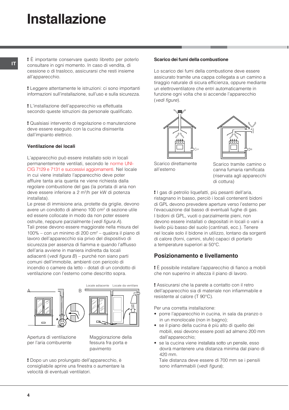 Installazione, Posizionamento e livellamento | Indesit K 1G2 User Manual | Page 4 / 56