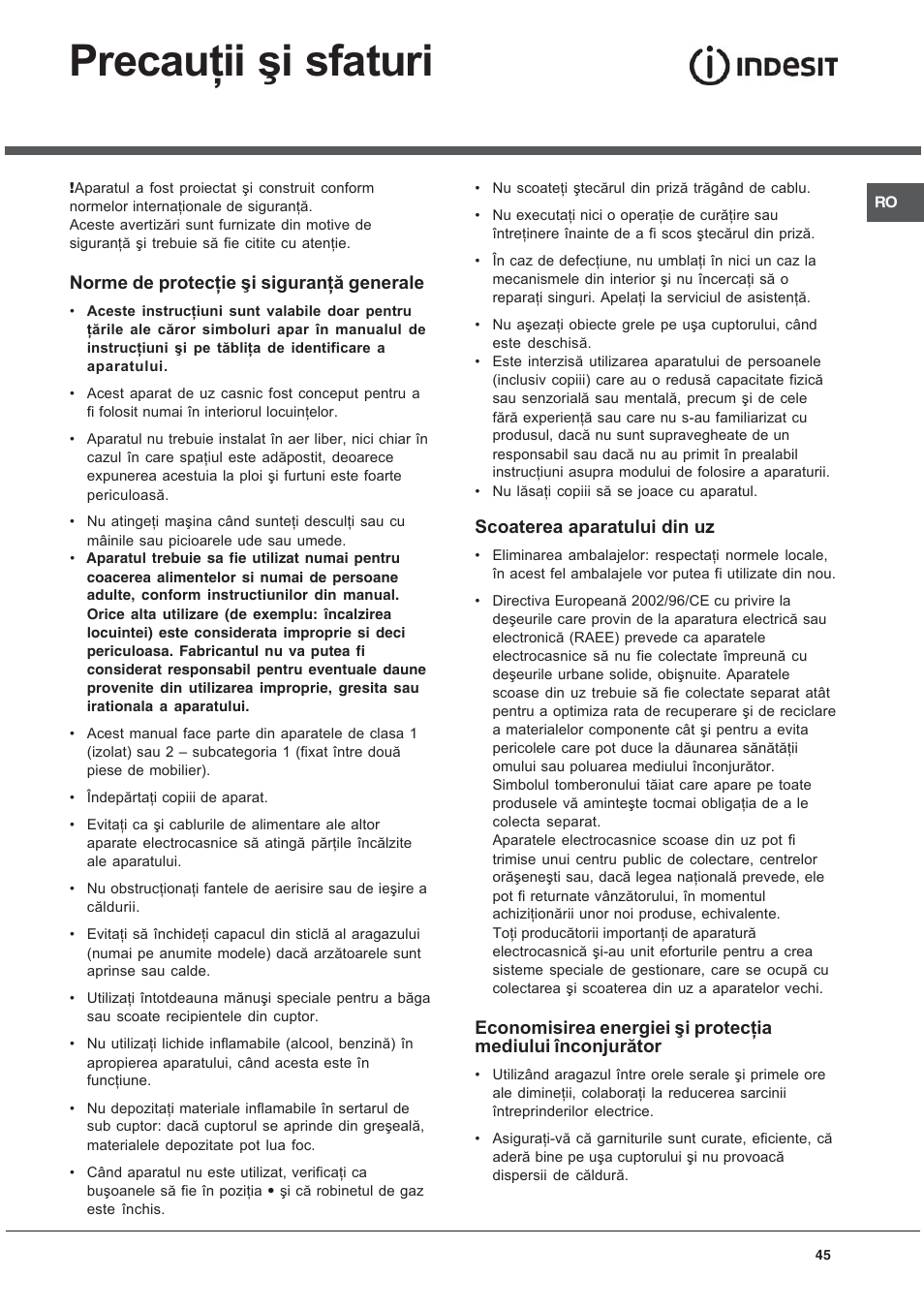 Precauţii şi sfaturi | Indesit K 1G2 User Manual | Page 45 / 56
