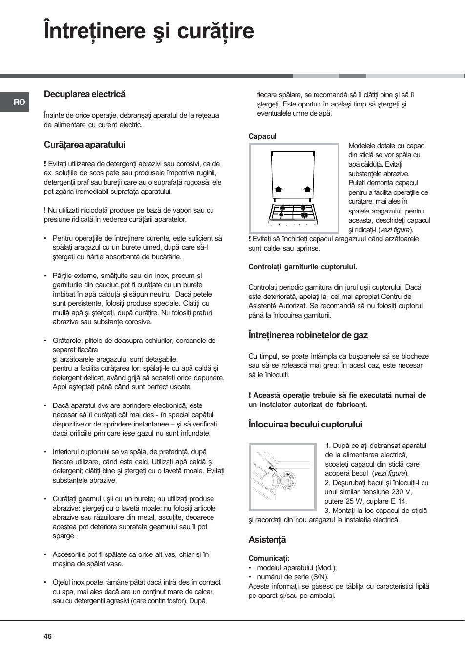 Întreţinere şi curăţire | Indesit K 1G2 User Manual | Page 46 / 56