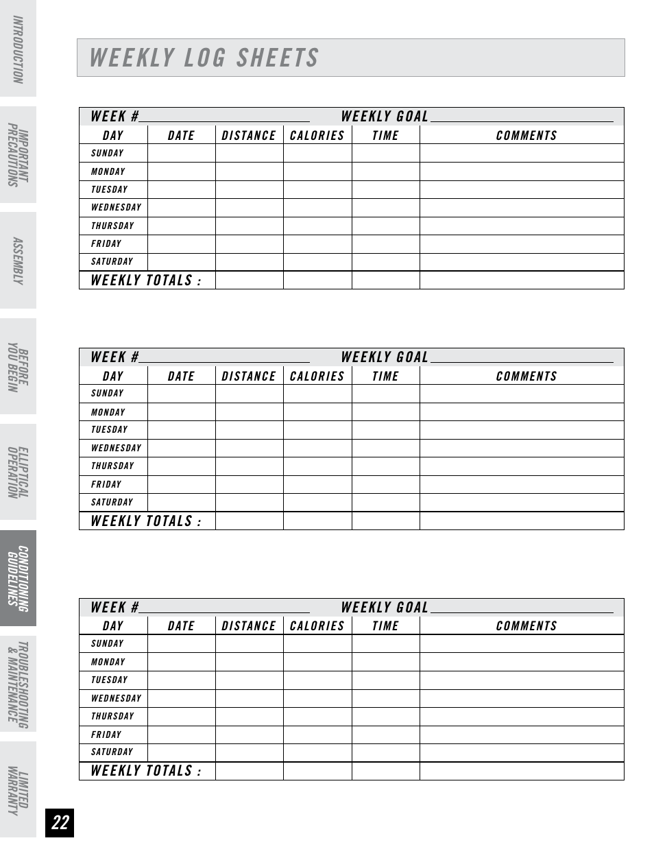 Weekly log sheets | Horizon Fitness EG5 User Manual | Page 21 / 30